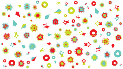 Colorful circles and stars on a white background. Suitable for backgrounds, greeting cards, party invitations, or children stationary designs.