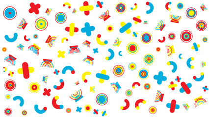 Colorful pattern with red, yellow, and blue shapes suitable for backgrounds, textiles, packaging design, and digital wallpapers with a vibrant aesthetic.