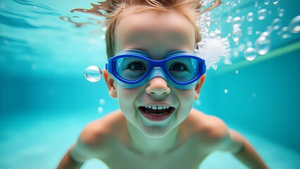 Naklejka premium Joyful underwater adventure, a smiling child in swimming goggles creates bubbles, capturing a delightful moment of aquatic fun and youthful exuberance
