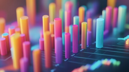 Abstract colorful 3D bar chart graph showing data visualization and financial growth.