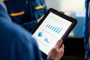 An Asian male worker is working in the factory workshop while holding a tablet computer with data...
