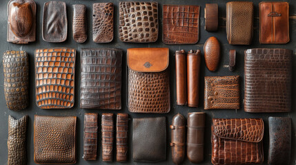 Assortment of crocodile leather items arranged for display