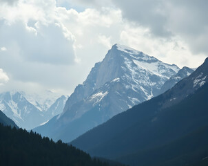 Majestic Peaks and Ethereal Skies, A Captivating Mountain Landscape with Towering Mountains and Dramatic Cloud Formations Creating a Sense of Wonder and Awe
