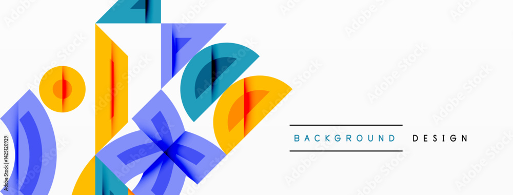 Poster abstract geometric shapes overlap, creating dynamic composition. yellow, blue, teal hues dominate de