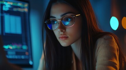 Focused young woman in glasses works late on computer, analyzing data on screen.