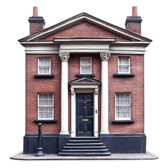 Isolated Photo Of A Brick Building With White Columns And Black Door
