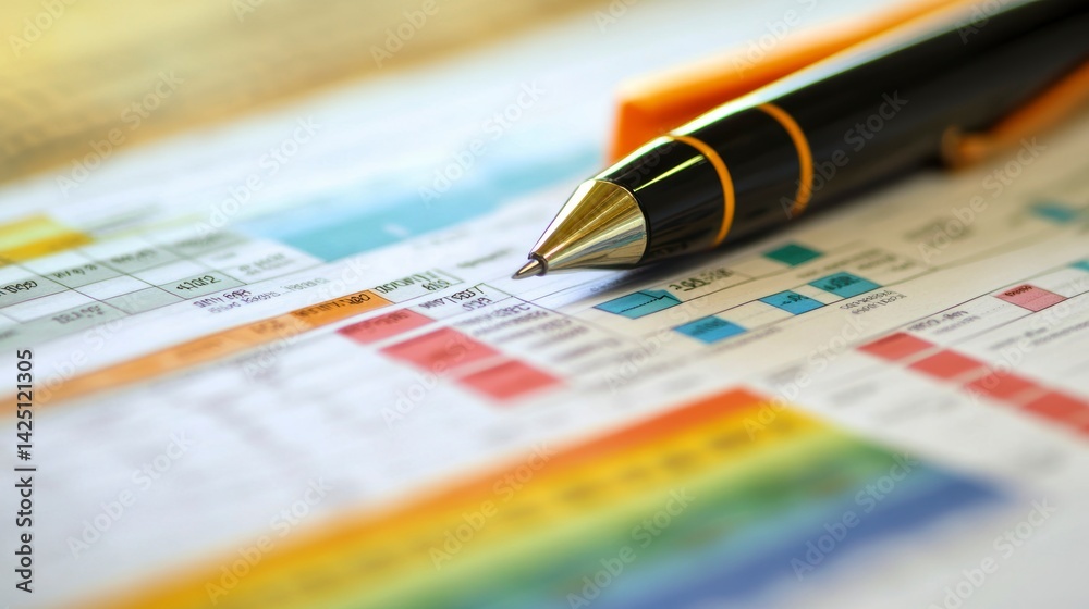 Poster Close-up of pen resting on colorful financial chart and data sheets.