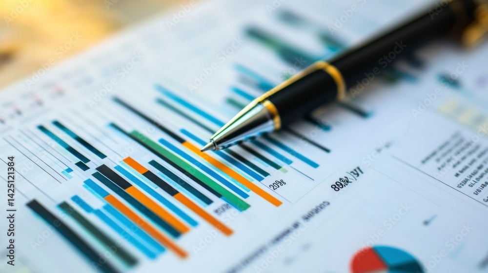 Poster Close-up of pen on financial charts and graphs showing business data analysis.