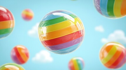 Colorful beach balls floating in a bright sky with clouds.