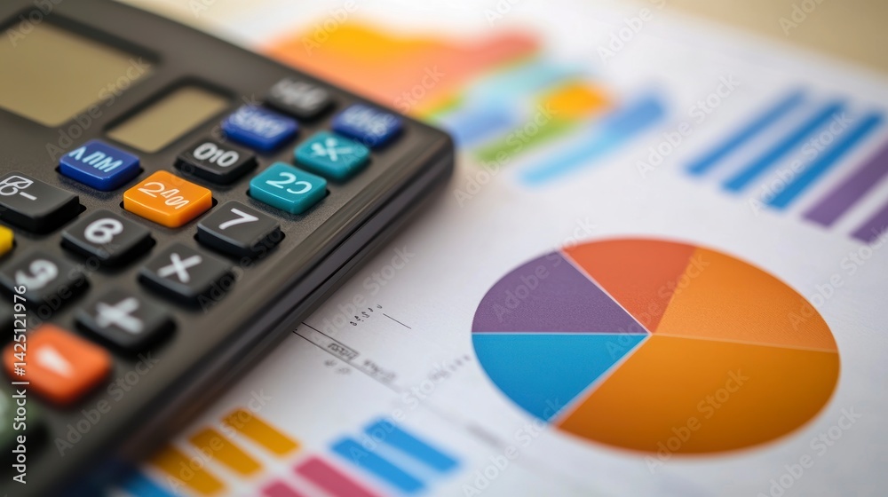 Poster Close-up of calculator on financial report with charts and graphs.
