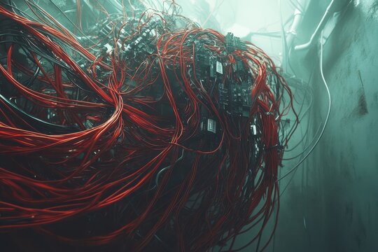 Tangled mess of red, black wires connected to circuit boards, dim and grungy. Use for illustrating complexity, technical debt, IT infrastructure, or data flow.