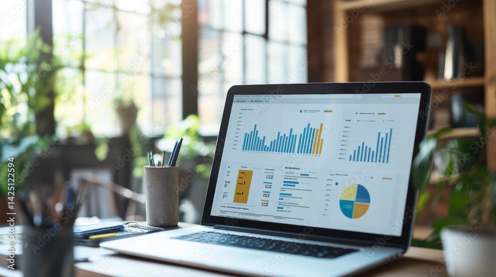 Aufkleber Laptop displaying data analytics charts and graphs on a desk in a bright office.