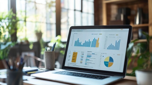 Laptop displaying data analytics charts and graphs on a desk in a bright office.