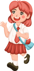 Indonesian Elementary School, Cheerful Schoolgirl with Red Skirt and Teal Bag