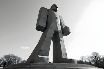 Monumental Brutalist Statue, A Striking Black and White Architectural Photograph Showcasing Powerful Geometric Forms and Stark Contrast Against the Sky
