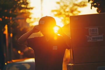 A courier adjusting their cap as they scan a barcode, customer eagerly awaiting their parcel in the warm glow of sunset.