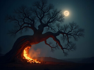 Mystical silhouette of an ancient tree, bathed in the warm glow of a hidden fire under the moon, creating a dramatic and captivating ambiance