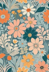 A vibrant floral pattern featuring a delightful mix of bright orange and soft blue flowers, intricately arranged against a subtle background, creating a lively and cheerful atmosphere.