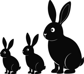 Obraz premium Three Rabbits Black and White Silhouette Vector Illustration – Minimal Animal Design for Logos, T-Shirts, Stickers, and Creative Print Projects