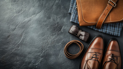 Elegant flat lay of formal menâ€™s essentials - tie, belt, shoes, and bag on a stone background with space for copy