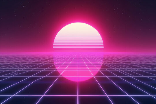 Nostalgic synthwave horizon with grid and sun evokes retro vibes, perfect for designs needing 80s aesthetics and electronic music themes atmosphere
