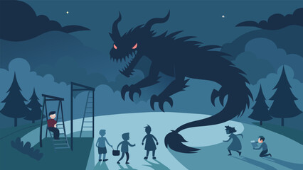 A shadowy dragonlike creature seems to be chasing a group of children around the playground its dark form growing larger and more intimidating with.