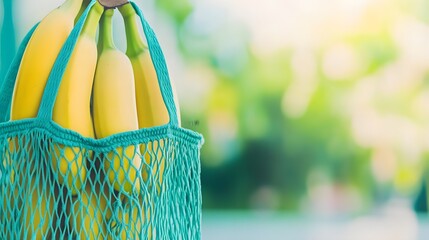 Sustainable grocery shopping fresh bananas in a reusable mesh bag outdoor market eco-friendly approach