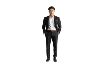 A stylish man in a black suit stands poised with hands in pockets, looking composed, isolated on a transparent background