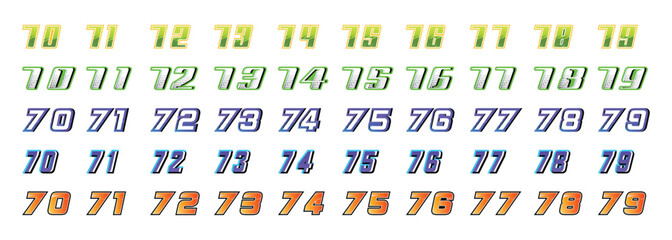 collection of racing numbers 70 to 80 with various models and colors on a white background