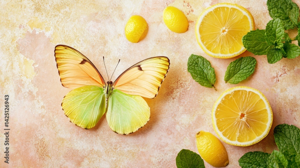 Poster yellow butterfly on textured background with lemon slices and mint leaves.