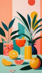 A vibrant painting featuring juicy oranges and bright lemon slices artfully arranged atop lush green leaves, showcasing a harmonious blend of colors and textures in a fresh, natural setting.