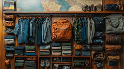 Mixed travel wardrobe for both genders displayed in a lifestyle flat lay