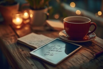 A cozy evening workspace-a tablet, handwritten notes, and a cup of tea on a rustic wooden desk, exuding warmth and focus."