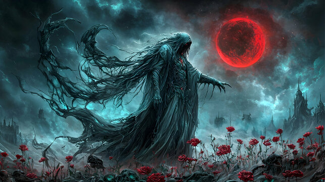 Dark figure in hooded robe stands amidst red poppies under a blood red moon, a gothic fantasy landscape, ideal for dark fantasy game art or book cover