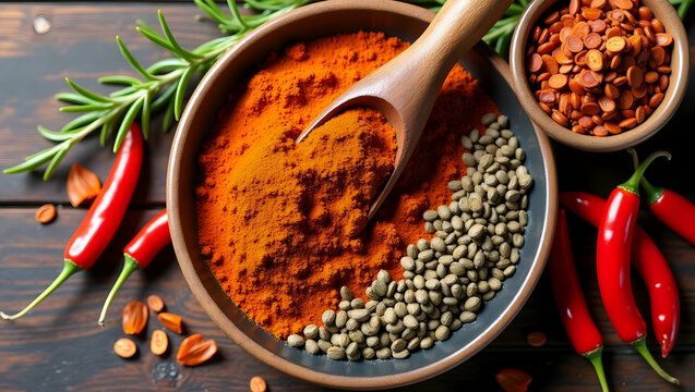 Rustic culinary arrangement, vibrant chili powder, aromatic rosemary, spicy chili flakes, and earthy cumin seeds elegantly displayed on a warm wooden surface