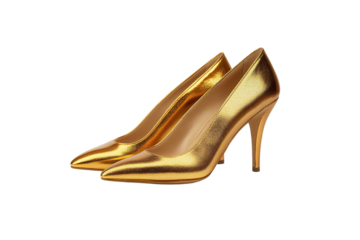 Shiny golden high heels with pointed toes and stiletto heels, exuding elegance and bold glamour, isolated on a transparent background