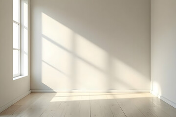 Fototapeta premium Serene Empty Room with Natural Light, A Minimalist Interior Featuring Soft Sunlight and White Walls in a Tranquil and Inviting Space for Contemplation