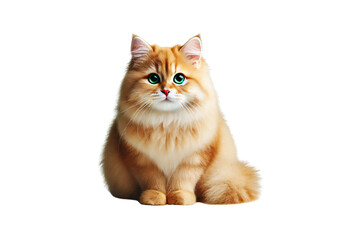 Obraz premium Wide-eyed golden cat sits upright, its plush fur glowing, exuding cuteness and warmth, isolated on a transparent background