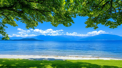Serene lake view, mountains in background, sunny summer day, idyllic landscape, perfect for travel brochures