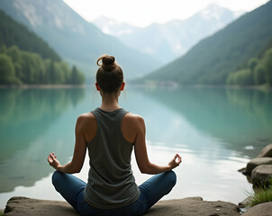 Fototapeta premium Serene Meditation, A Woman Finds Inner Peace by the Tranquil Lake, Embracing Mindfulness and Harmony with Nature in a Breathtaking Landscape Retreat