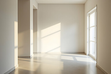 Serene Minimalism, A Spacious Empty Hallway Bathed in Natural Sunlight, Emphasizing Clean Lines and a Sense of Tranquility in a Modern Architectural Interior