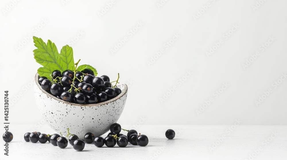 Poster a rustic bowl overflowing with ripe black currant berries and fresh leaves, top view on light backgr
