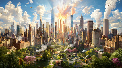 Obraz premium Cityscape sunrise pollution industrial cityscape park environmental impact
