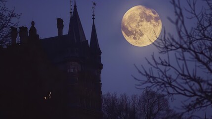 Fototapeta premium Spooky full moon over a haunted castle silhouette.