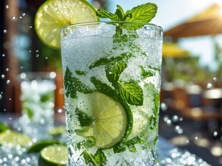 Summer mojito cocktail with water splashes and mint garnish   ,AI generated