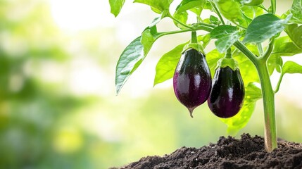 Brinjal fruit hanging from plant, with soil and leaves in soft background