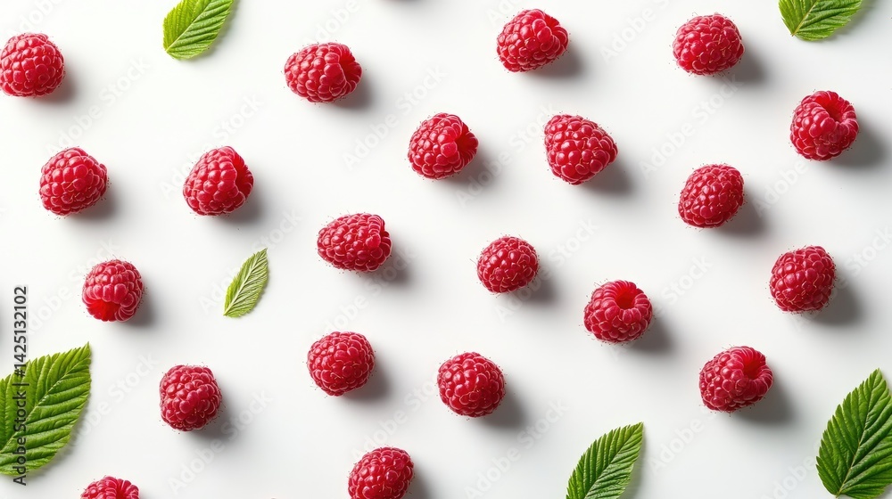 Poster clean macro view of juicy raspberries with leaves on a white seamless background