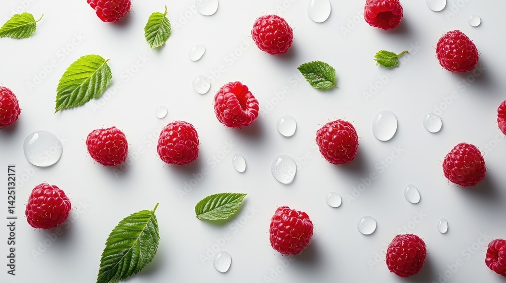 Poster clean macro view of juicy raspberries with leaves on a white seamless background