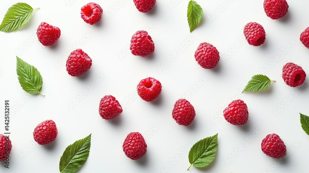 Poster clean macro view of juicy raspberries with leaves on a white seamless background