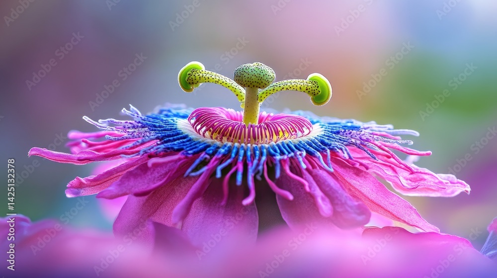 Poster close capture of exotic passionflower in bloom, vivid color pop with shallow focus